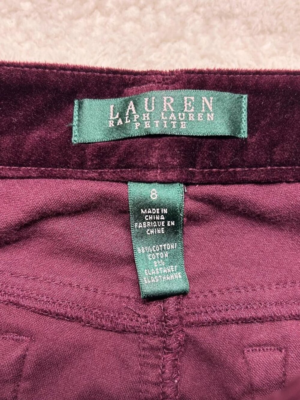 Lauren Ralph Lauren Trouser Pants Womens 8P Burgundy Velvet Comfort Straight Leg - Picture 5 of 12